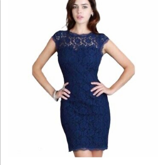 NWOT NY & company EVA MENDEZ NAVY FLORAL LACE OVERLAY Formal dress size 8 NAVY - Picture 1 of 16